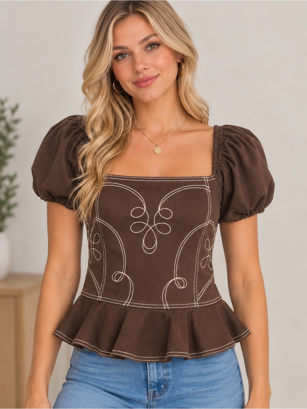 Gianni Bini Brown Square-Neck Puff Sleeve Peplum Top